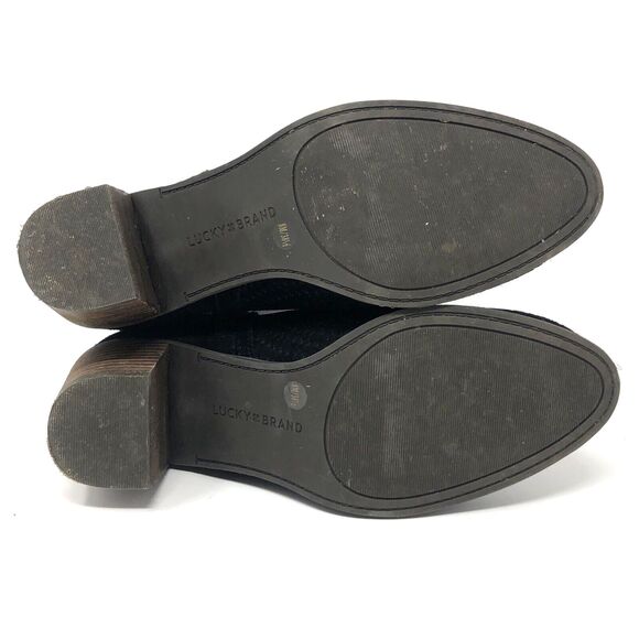 Lucky Brand Pagira Black Suede Ankle Boots Womens 8 Stacked Heel Double Side Zip - Picture 10 of 12